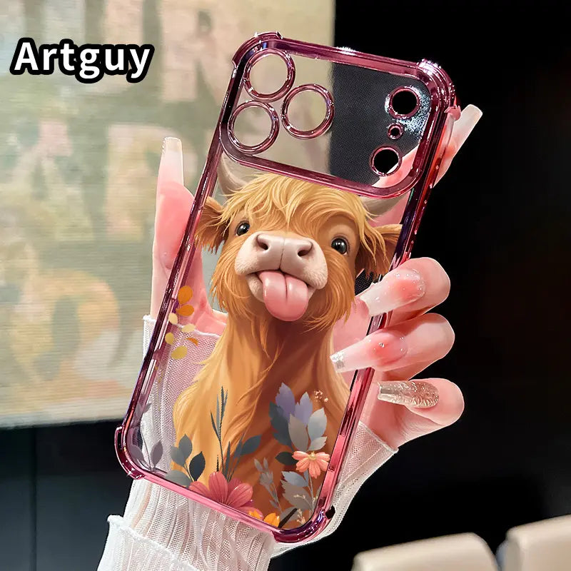 Phone Case for Iphone 17 16 Pro Max 15 plus 14 13 12 11 E Air Fluffy Cow Charm Pattern Mobile Four Corner Anti-Drop Shockproof Non-Slip Silicone Transparent Protective Cover