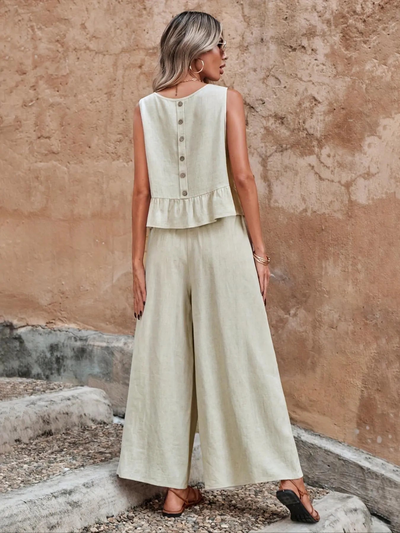 Women'S Solid Ruffle Hem Sleeveless Tank Top & Elastic Waist Wide Leg Pants Set, Casual Button-Detail round Neck Top & Pocket Trousers, Ladies Summer Clothes, Clothing Sets