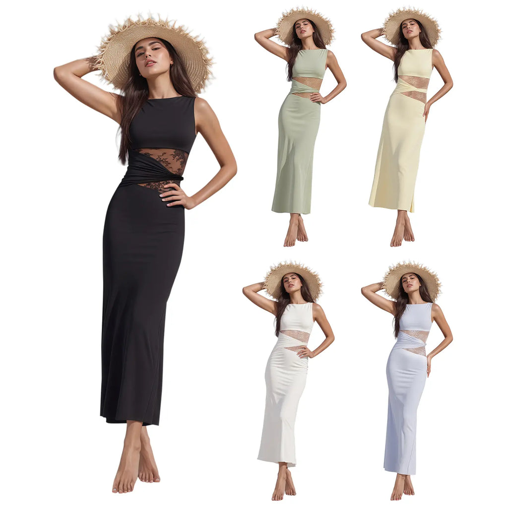 Women’S Summer Bodycon Dress - Lace Sexy Patchwork Sleeveless Casual Fashion Long Dress for Elegant Style