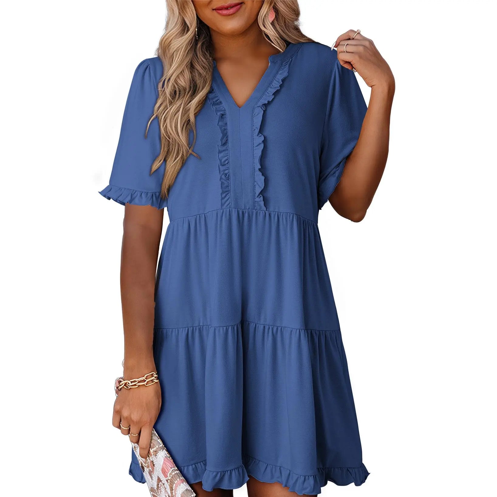 Dokotoo Womens Dresses 2026 Summer Spring V Neck Ruffle Short Sleeve Casual A-Line Flowy Swing Shift Dress Mini Dress